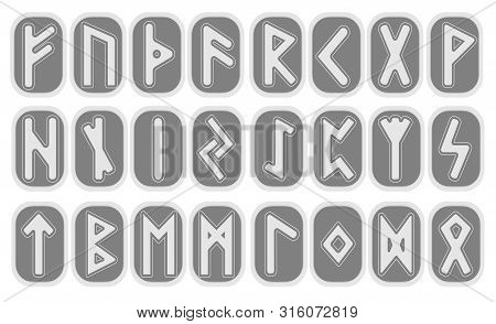 Set Of Old Norse Runes. Runic Alphabet, Futhark. Ancient Occult Viking Characters Letters On White B