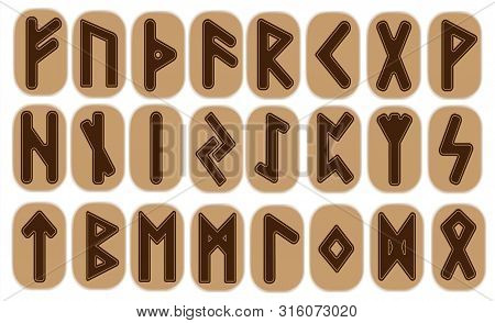 Set Of Old Norse Runes. Runic Alphabet, Futhark. Ancient Occult Viking Characters Letters On White B