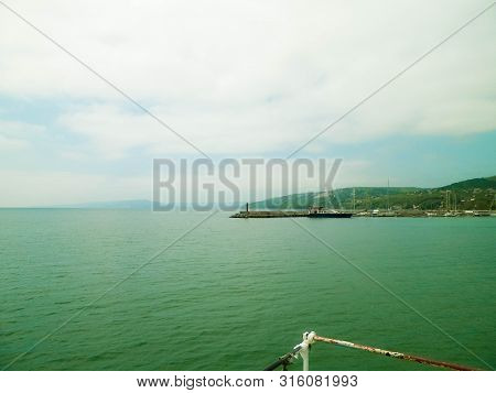 View On Marina And Coast Of Balchik, Bulgaria. Stormy Weather Over Black Sea Coast, Traveling And Na