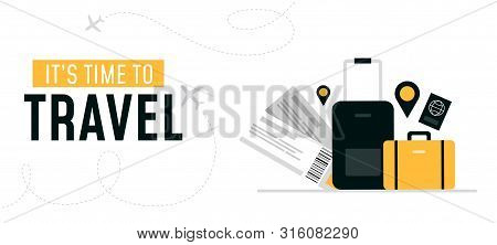 Its Time To Travel Design Banner Vector Illustration. Template With Journey Equipment Flight Tickets