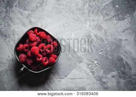 Raspberry On A Gray Background. Healthy Food, Vintage Style A