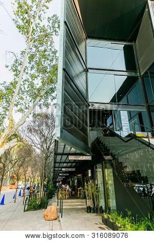 Modern Upmarket Building And Coffee Shop Street Cafe In Rosebank Suburb Of Sandton Johannesburg