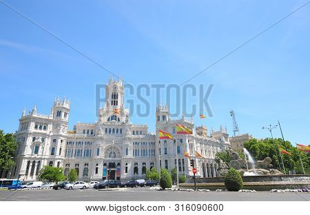 Cybele Palace And Cybele Fountain Historical Building Madrid Spain