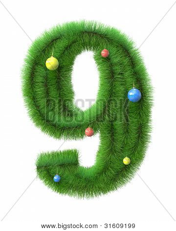9 Número hecho de ramas de árbol de Navidad