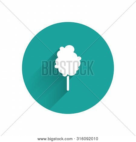 White Cotton Candy Icon Isolated With Long Shadow. Green Circle Button. Vector Illustration