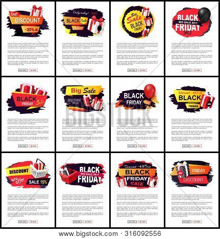 New Offer On Black Friday, Shops Sellout Discounts Vector. Presents And Gifts Decorated With Ribbons