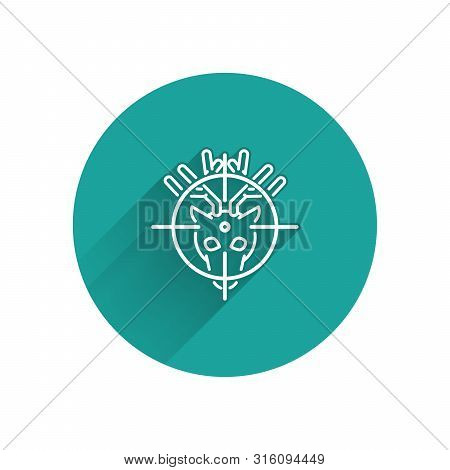 White Hunt On Deer With Crosshairs Icon Isolated With Long Shadow. Hunting Club Logo With Deer And T