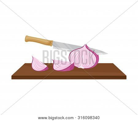 Knife Cuts Purple Onions. Vector Illustration On A White Background.