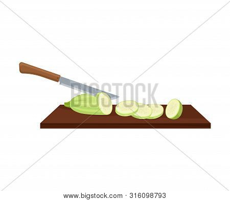 Knife Cuts In Circles A Light Green Zucchini. Vector Illustration On A White Background.