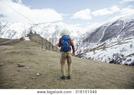 Hiker With Traditional Papakha Fur Hat At Mtskheta-mtianeti Region In Georgia