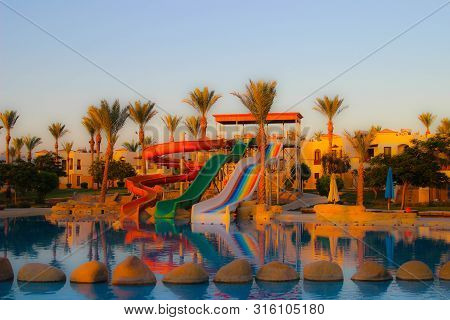 Sharm-el-sheikh/egypt - 06/21/2019. Water Colorful Rainbow Slides With Swimming Pool In The Hotel At