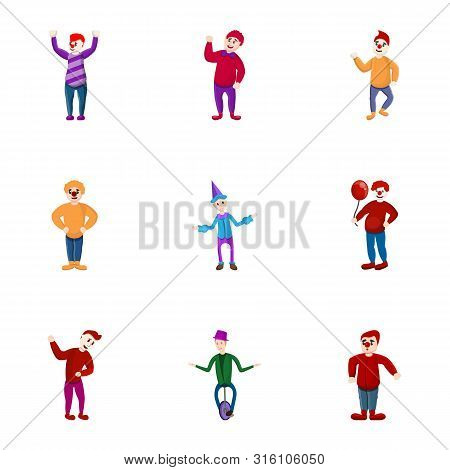 Amusement Clown Icon Set. Cartoon Set Of 9 Amusement Clown Vector Icons For Web Design Isolated On W