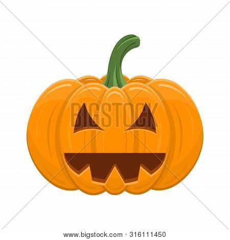 Halloween Pumpkin Isolated On White Background. Cartoon Orange Pumpkin With Smile, Funny Face. The M