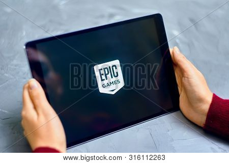 Bishkek, Kyrgyzstan - January 21, 2019: Logo Of Epic Games On Apple Ios Tablet Ipad Pro. Epic Games 