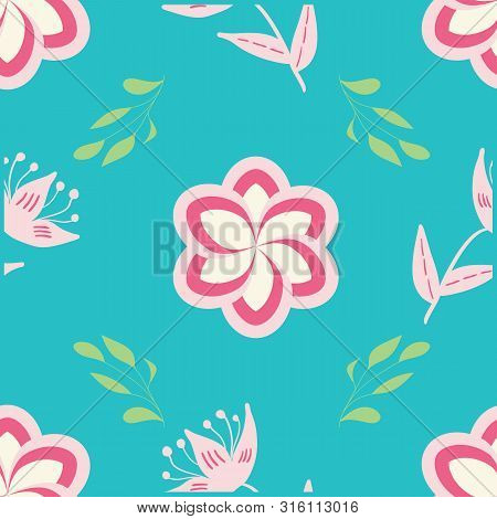 White, Rose And Pink Stylized Flowers And Leaves On Turquoise Background Seamless Repeat.
