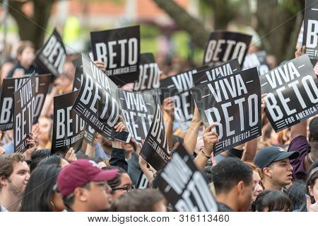 Houston, Texas - March 30, 2019: Supporters Hold Banners Viva Beto For America During Beto Orourke C