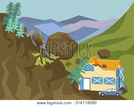 Landslide. The Building Is Falling Asleep With Mountain, Earth. In Minimalist Style Cartoon Flat Vec