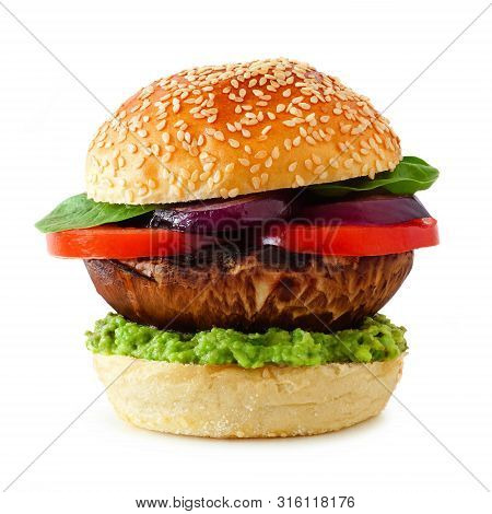 Portobello Mushroom Meatless Burger With Avocado, Tomato, Spinach And Onion Isolated On A White Back