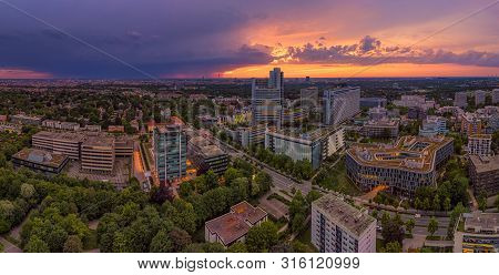 Munich From Birds Eye View, A Droneshot In The Powerful Evening, Bavaria, Germany.