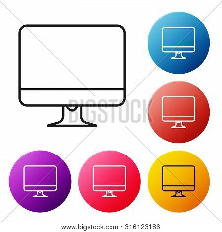 Black Line Computer Monitor Screen Icon Isolated On White Background. Electronic Device. Front View.