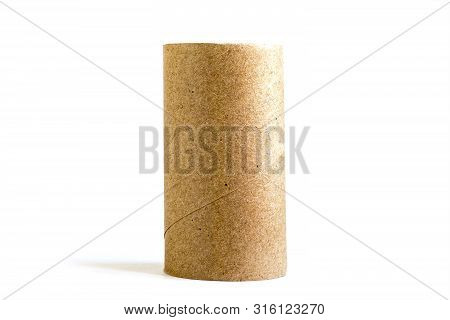 Isolated Single Cardboard Paper Tube On White Background. Close-up Of Empty Toilet Roll