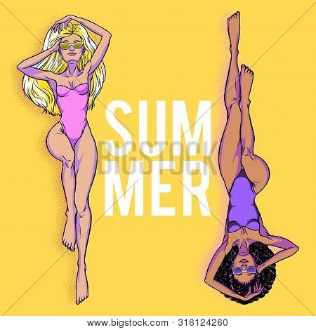 Young Beautiful Women In Swimsuit. White Blond Woman And Black Brutennte Woman. Beach Girls, Bikini,