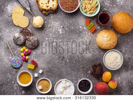 Assortment Of Simple Carbohydrates Food. Products High In Sugar