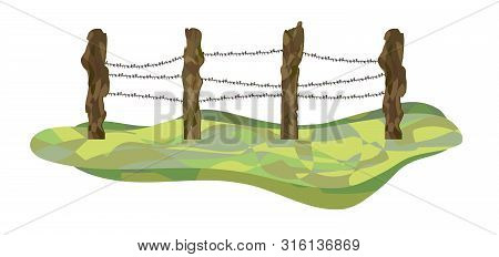 Farm Wooden Fence With Metalic Wire Between On Grass. Vector Illustration