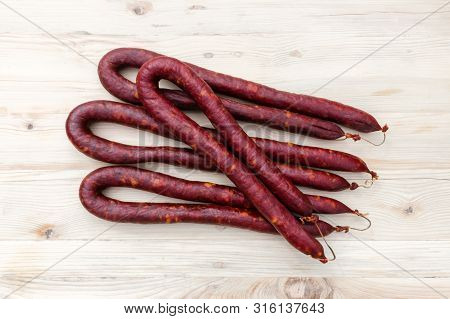 Traditional Slovak Sausages From Vojvodina On Wooden Table, Novi Sad, Serbia