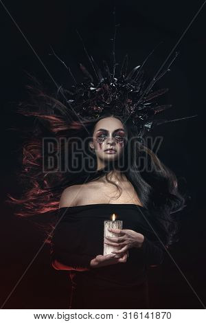 Terrible Horror Halloween Vampire Woman Portrait. Beauty Vampire Witch Lady With Blood On Mouth Posi