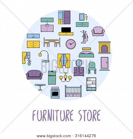Furniture And Home Accessories Banner With Vector Flat Icons Sofa, Bookshelf, Bed, Tables. Set Icons