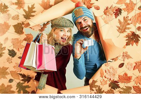Ready For Text. Hello September. Happy Loving Couple. Leaf Fall Design. Autumn Sale Or Black Friday.