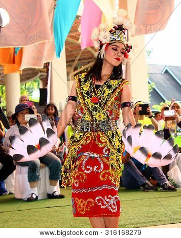 Selangor, Malaysia - August 04, 2019:   Iban Traditional Dance Performer From Sarawak Tribe During T