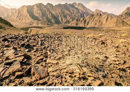 Scenic landscape in Hajar Mountains near Hatta, UAE