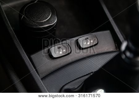 Novosibirsk, Russia - July 30, 2019:  Actyon Ssangyong, Close-up Of Seat Heating Buttons. Modern Car