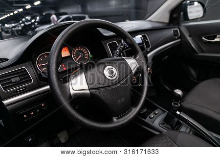 Novosibirsk, Russia - July 30, 2019:  Actyon Ssangyong, Close-up Of The Dashboard, Speedometer, Tach