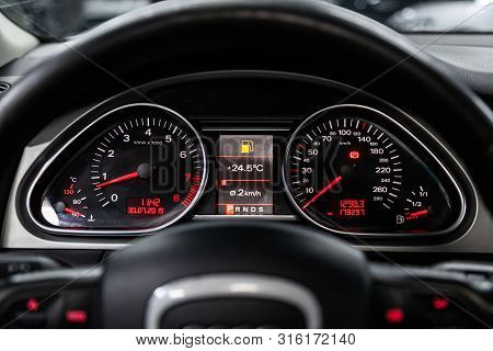 Novosibirsk, Russia - July 30, 2019: Audi Q7, Car Dashboard With White  Backlight: Odometer, Speedom