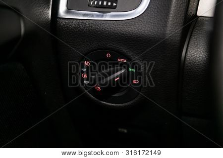 Novosibirsk, Russia - July 30, 2019: Audi Q7, Close-up On The Headlight Switch Control Buttons,  Aut
