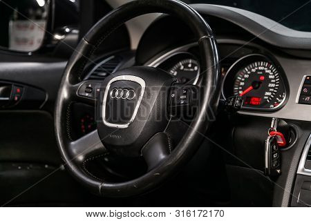 Novosibirsk, Russia - July 30, 2019: Audi Q7, Close-up Of The Dashboard, Speedometer, Tachometer And