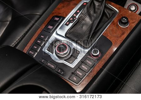 Novosibirsk, Russia - July 30, 2019: Audi Q7, Close-up Of The Accelerator Handle And Buttons. Automa