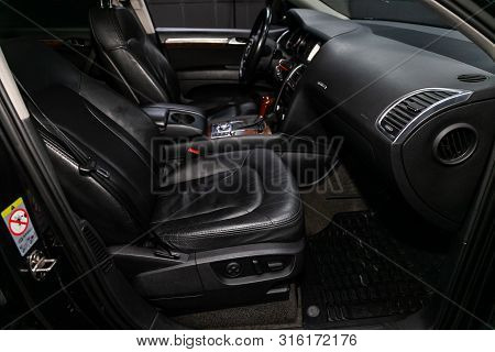 Novosibirsk, Russia - July 30, 2019: Audi Q7, Close-up Of The Dashboard, Player, Steering Wheel, Acc