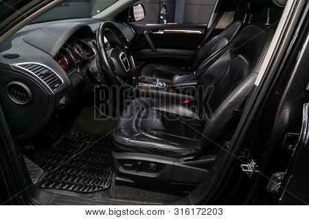 Novosibirsk, Russia - July 30, 2019: Audi Q7, Close-up Of The Dashboard, Player, Steering Wheel, Acc