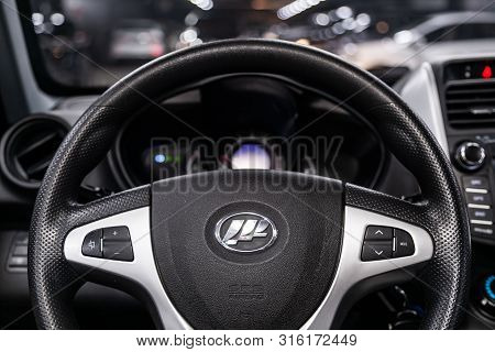 Novosibirsk, Russia - July 30, 2019: Lifan X60, Close-up Of The Dashboard, Speedometer, Tachometer A
