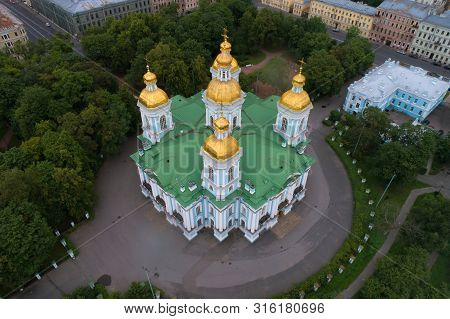 Top View Of Old St. Nicholas Cathedral On A Cloudy July Morning (aerial Photography). Saint-petersbu