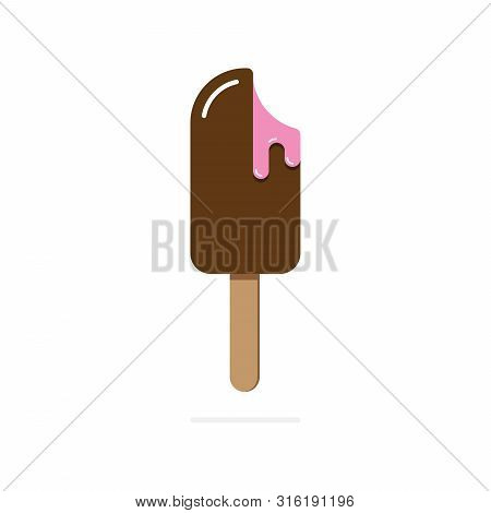 Ice Cream On Stick Chocolate Icing Pink Stuffing Bitten Vector Illustration Cartoon Style White Back