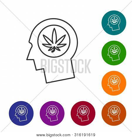 Grey Line Silhouette Of Male Head In Profile With Marijuana Or Cannabis Leaf Icon On White Backgroun