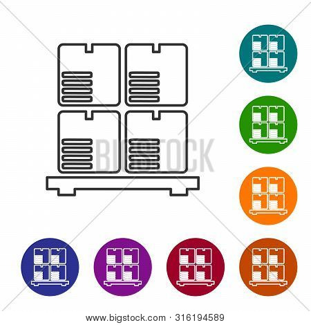 Grey Line Cardboard Boxes On Pallet Icon On White Background. Closed Carton Delivery Packaging Box W
