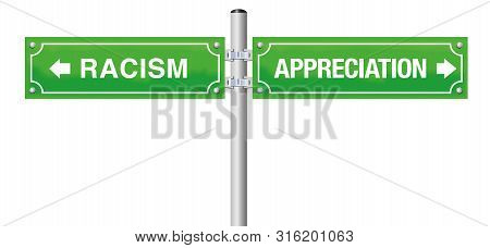Racism Appreciation Road Sign. Symbol Against Xenophobia, Discrimination, Mobbing, Prejudice And Vio