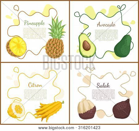 Pineapple And Avocado, Citron And Salak. Posters Set With Text And Tropical Fruits, Healthy Vegetari