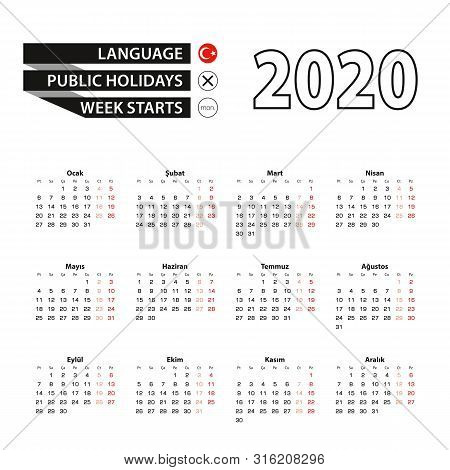 Calendar 2020 In Turkish Language, Week Starts On Monday. Vector Calendar 2020 Year.